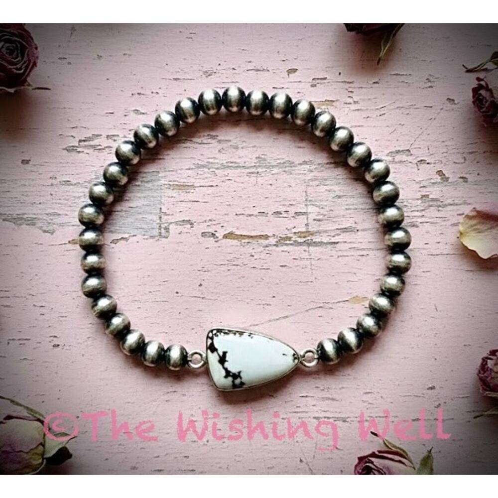 Artisan White Buffalo and "Desert Pearl" Stretch Bracelet 925 Silver